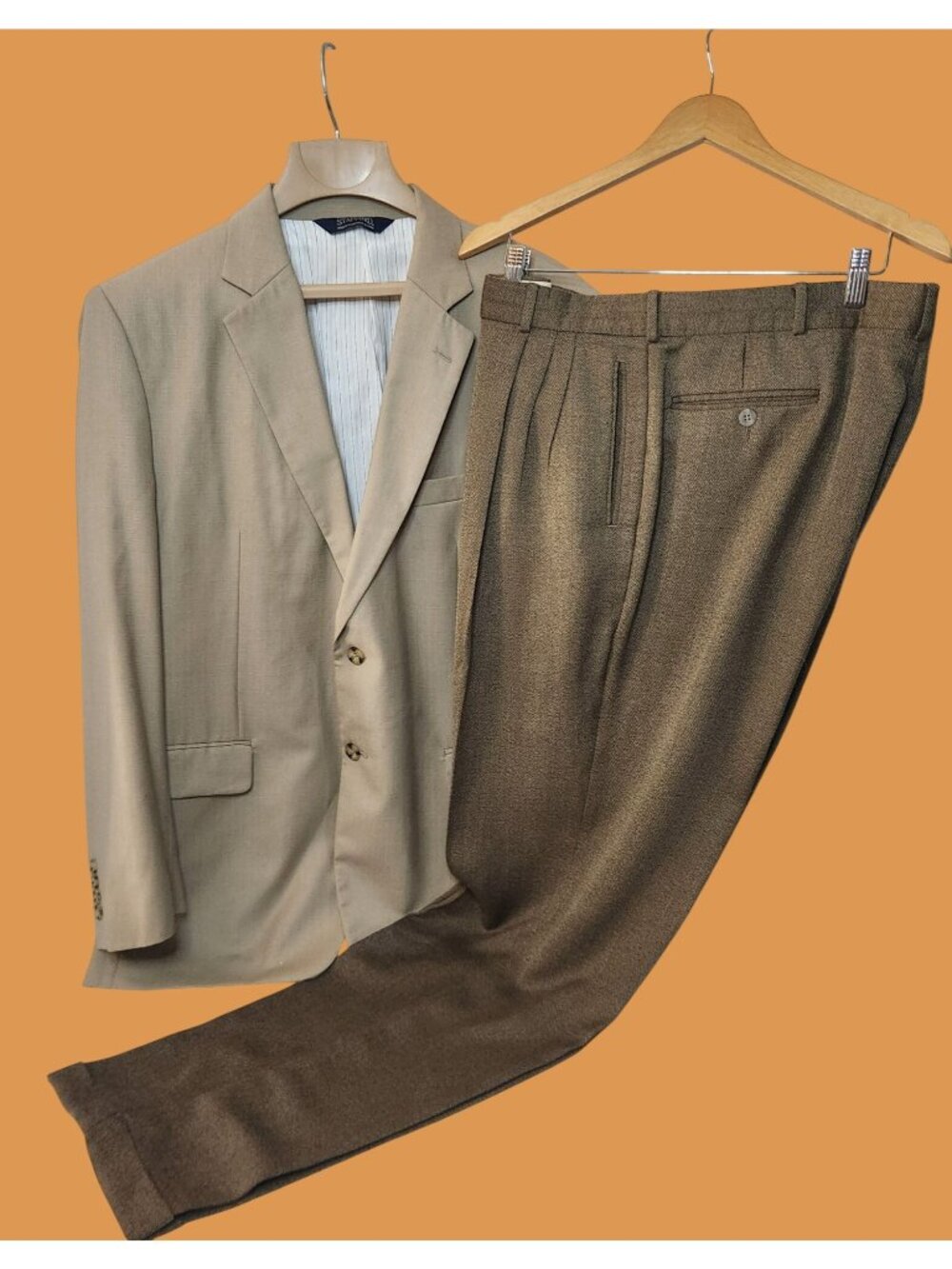 Stafford Beige Two-Button Blazer Nino Cerruti Brown Pleated Dress Pants
